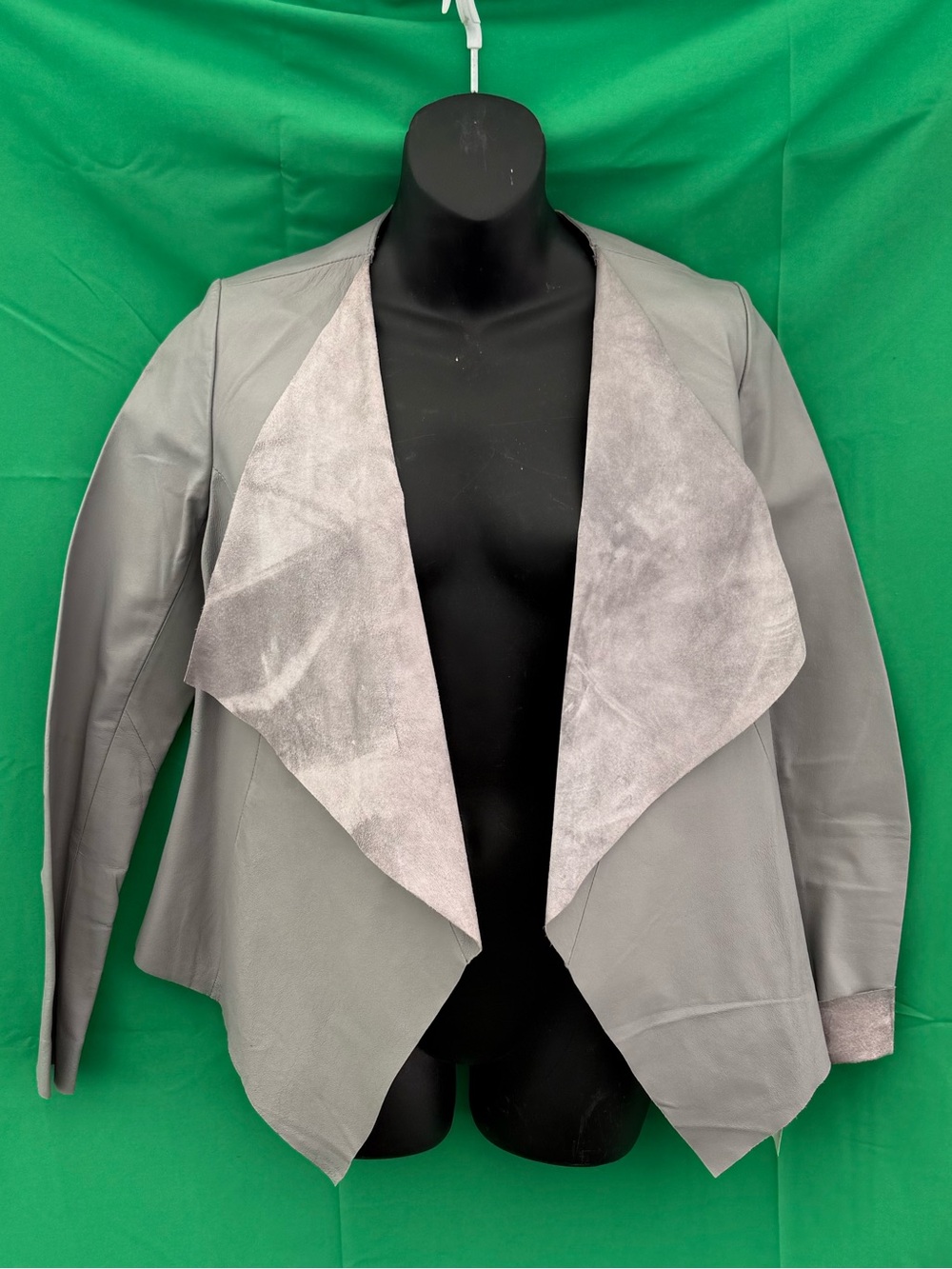 BB Dakota 100% Leather Waterfall Jacket — Grey Drape Open Front, S